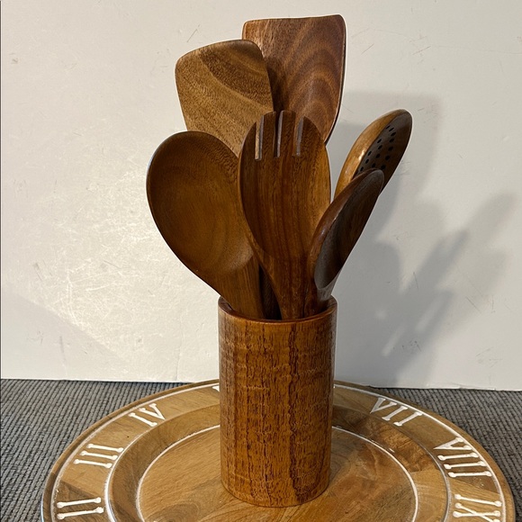 Wooden Utensil Set with Holder 6 pcs spoon spatula fork piece (salad server?) - Picture 3 of 13